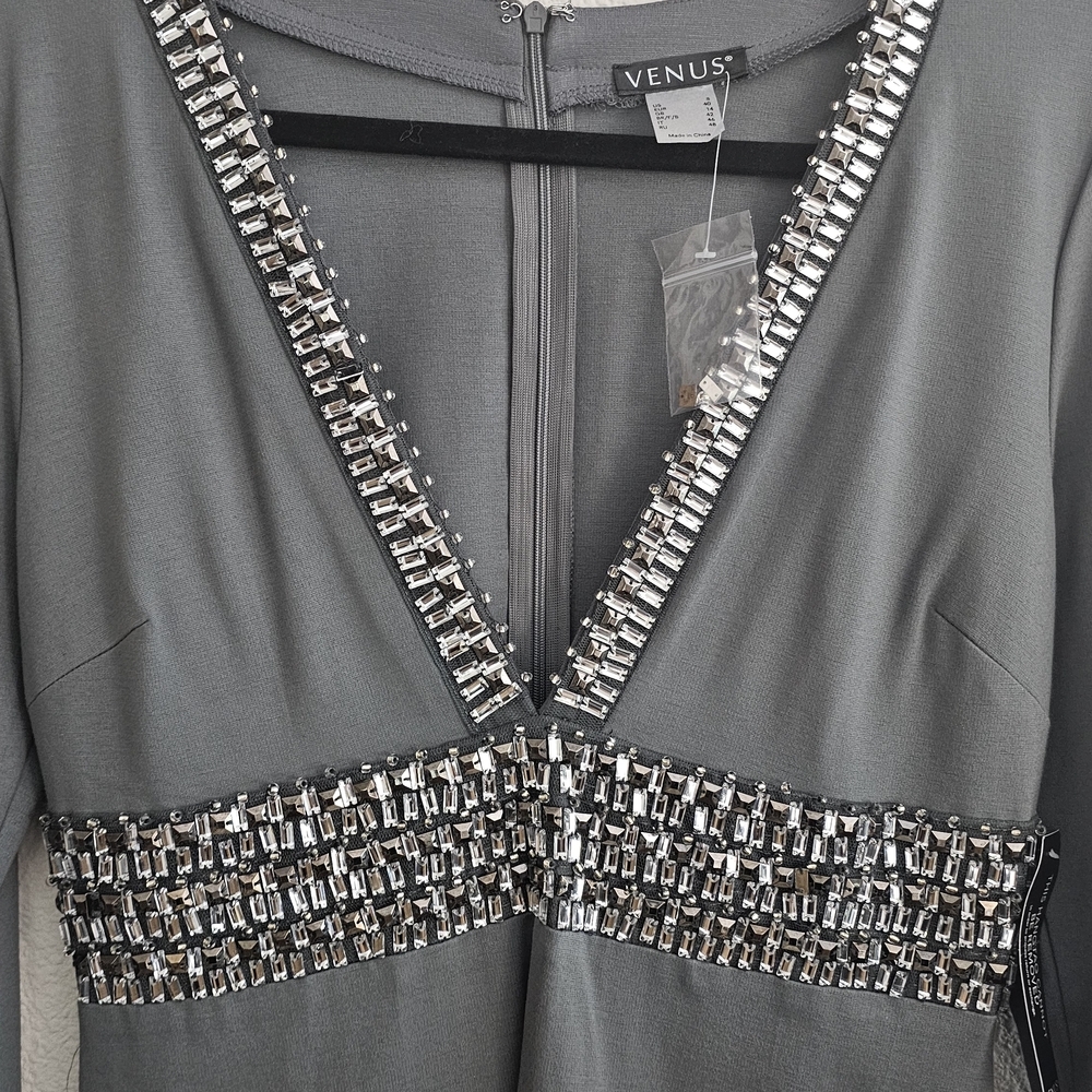 VENUS NWT Dress 8 Gray Long Sleeve Plunge Babydoll - Picture 7 of 10